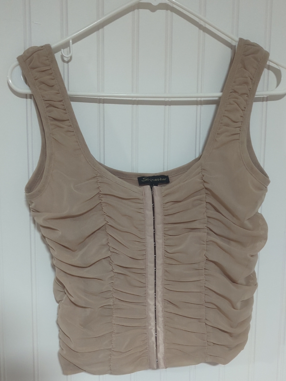 Shinestar Beige Ruched Front-Clasps Camisole